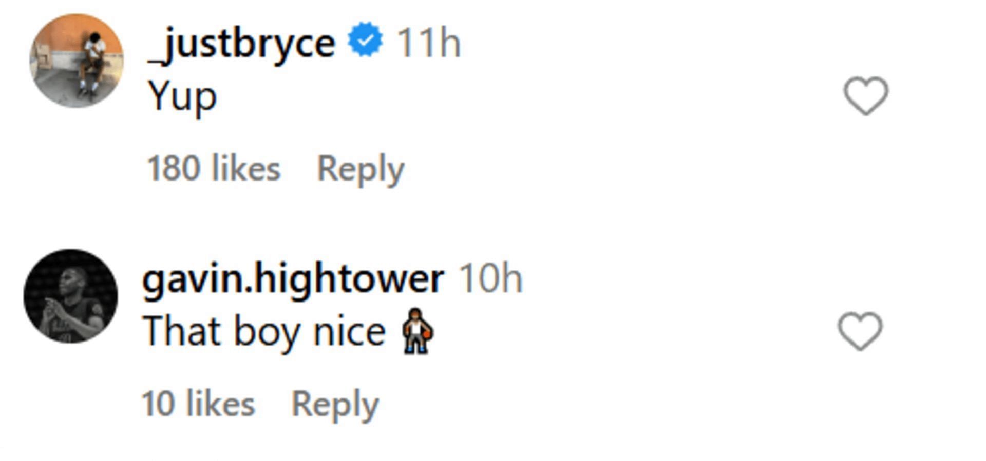 Bryce James and Gavin Hightower comment on Bryce&#039;s video highlights for Sierra Canyon (Source: Instagram/ kgv.sports)