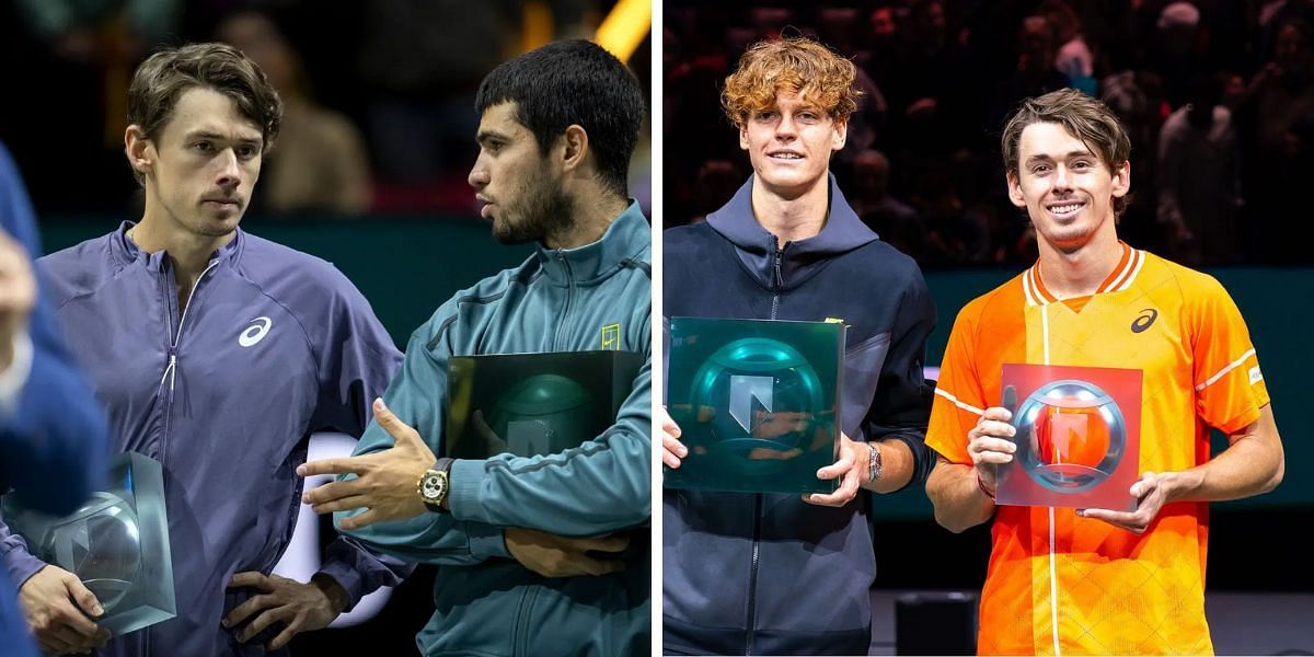 Alex de Minaur pictured with Carlos Alcaraz in Rotterdam (L); with Jannik Sinner (R) - Image Source: Getty 