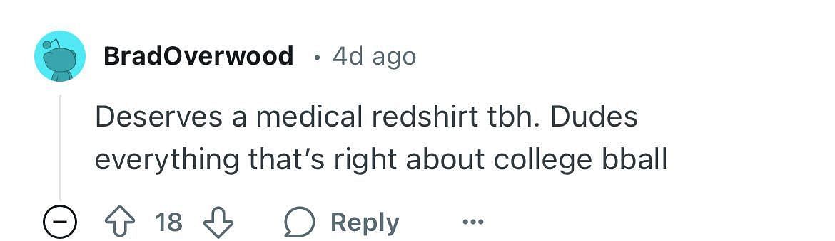 A Reddit user shares their belief that Brooks Barnhizer should receive a medical redshirt.