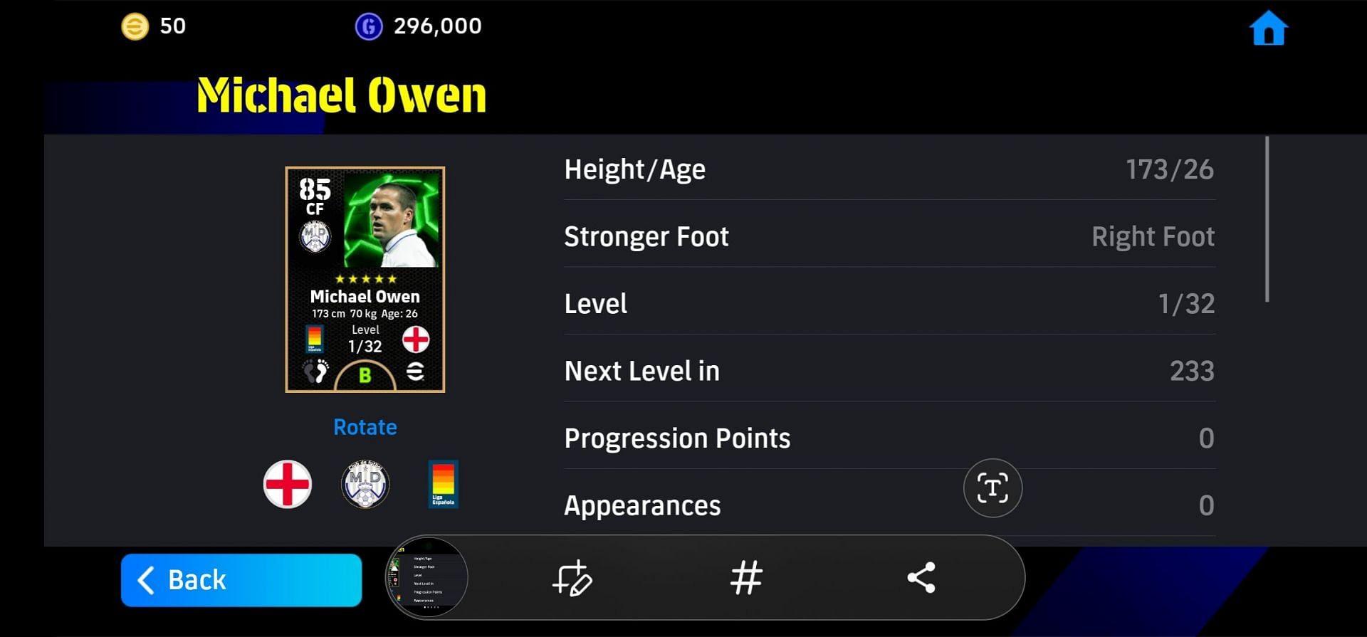 Michael Owen&#039;s primary European Clubs Attackers card in eFootball 2025 (Image via Konami)