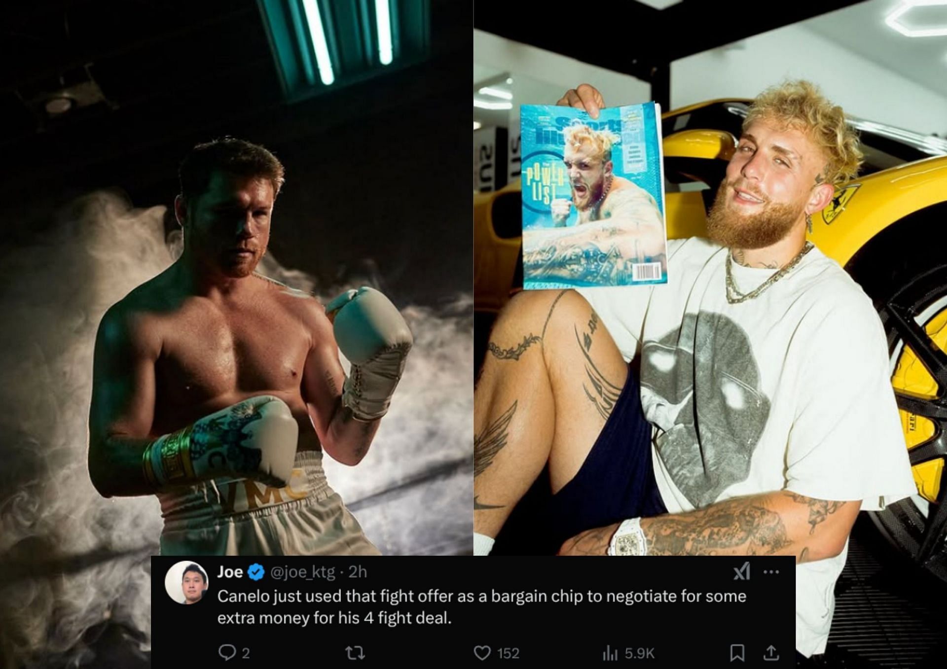 Social media is abuzz with fan reactions to the Jake Paul vs Canelo Alvarez bout, which was recently called off [Image courtesy : @jakepaul and @canelo on Instagram; Screenshot courtesy : @ringmagazine on X]