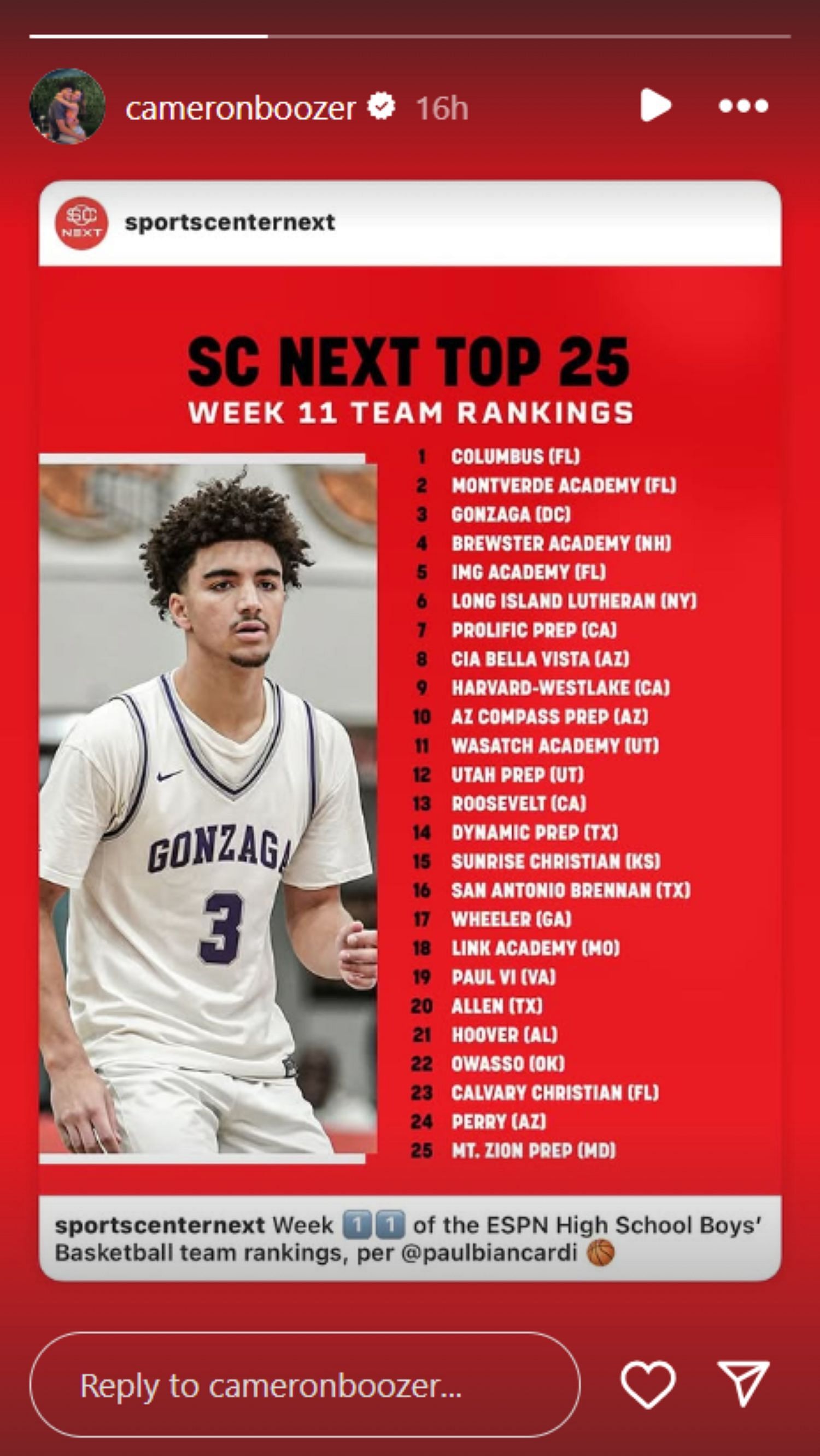 Cameron Boozer shares latest rankings as the Boozer twins&#039; Columbus High School retains top spot in high school basketball rankings (Image: IG/cameronboozer)