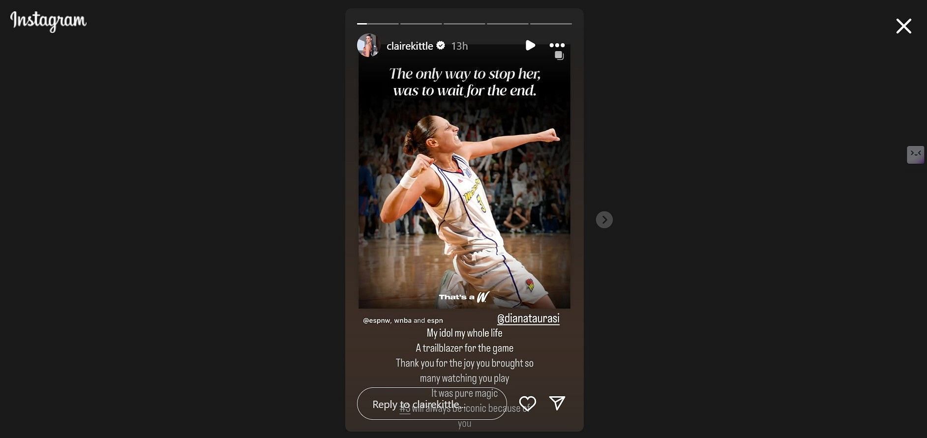 George Kittle&#039;s wife Claire Kittle&#039;s message for Diana Taurasi on retirement announcement (Source: @clairekittle/Instagram)