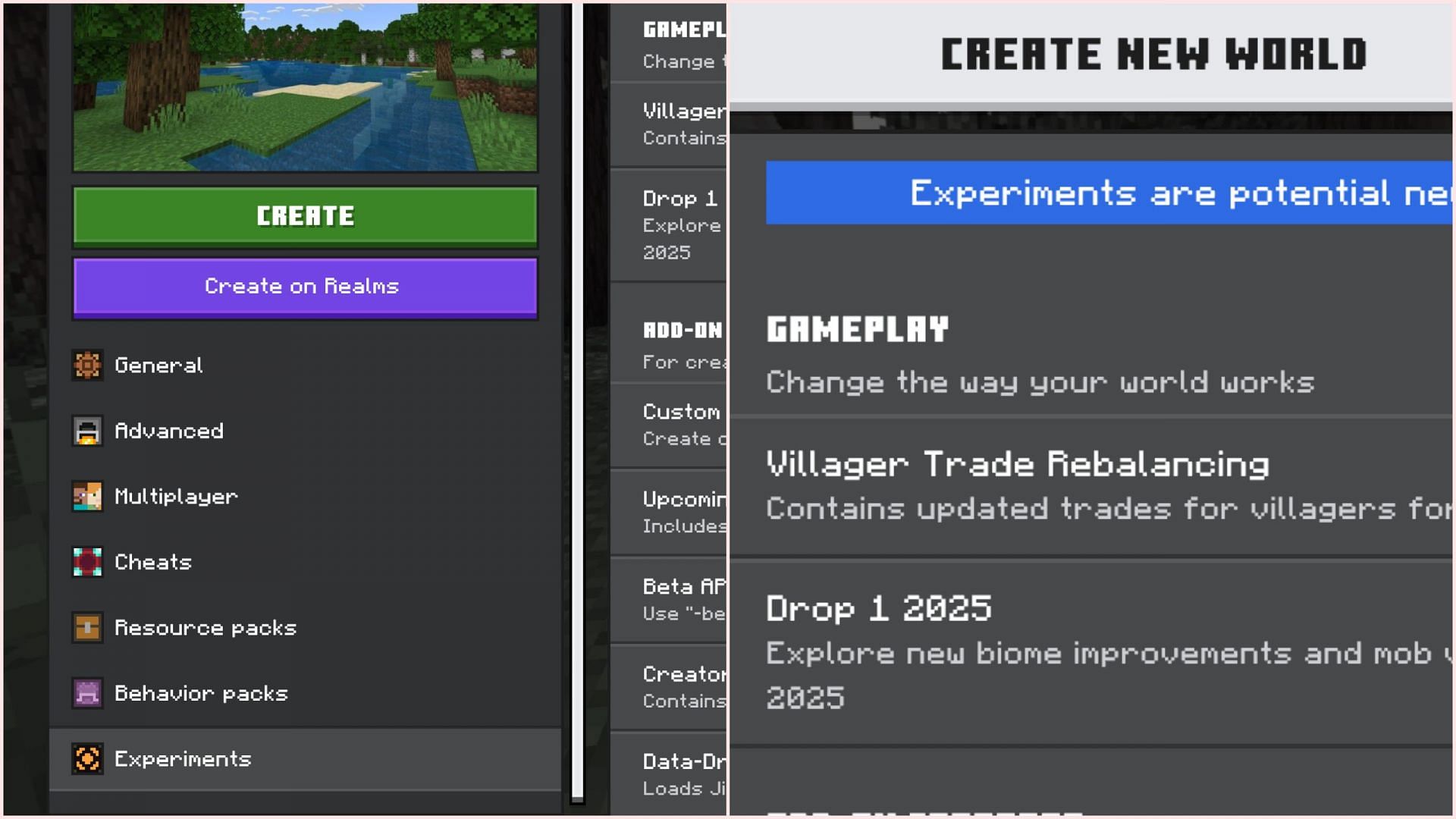 Create a new world in the stable Bedrock Edition version and turn on experiments to experience new features (Image via Sportskeeda Gaming/Mojang Studios)