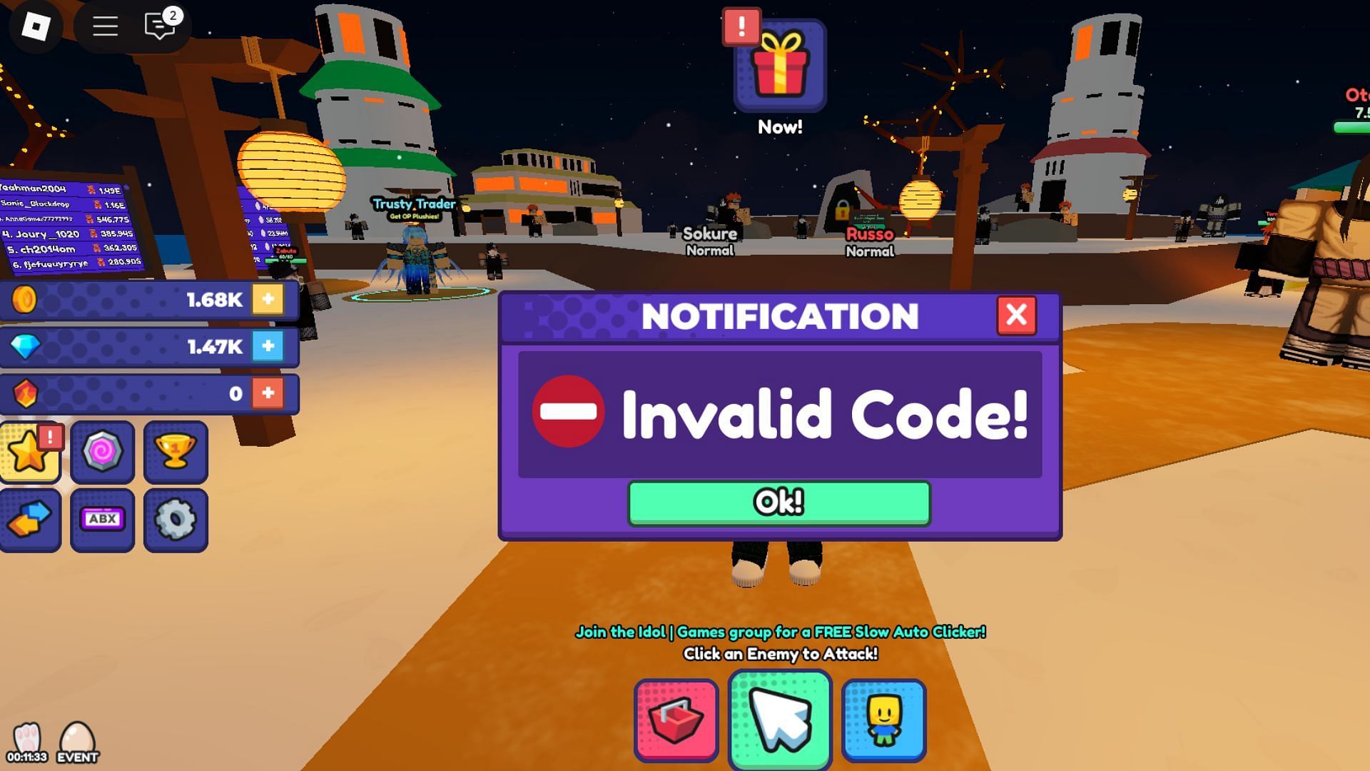 &quot;Invalid Code&quot; error in Anime Plush Simulator (Image via Roblox)