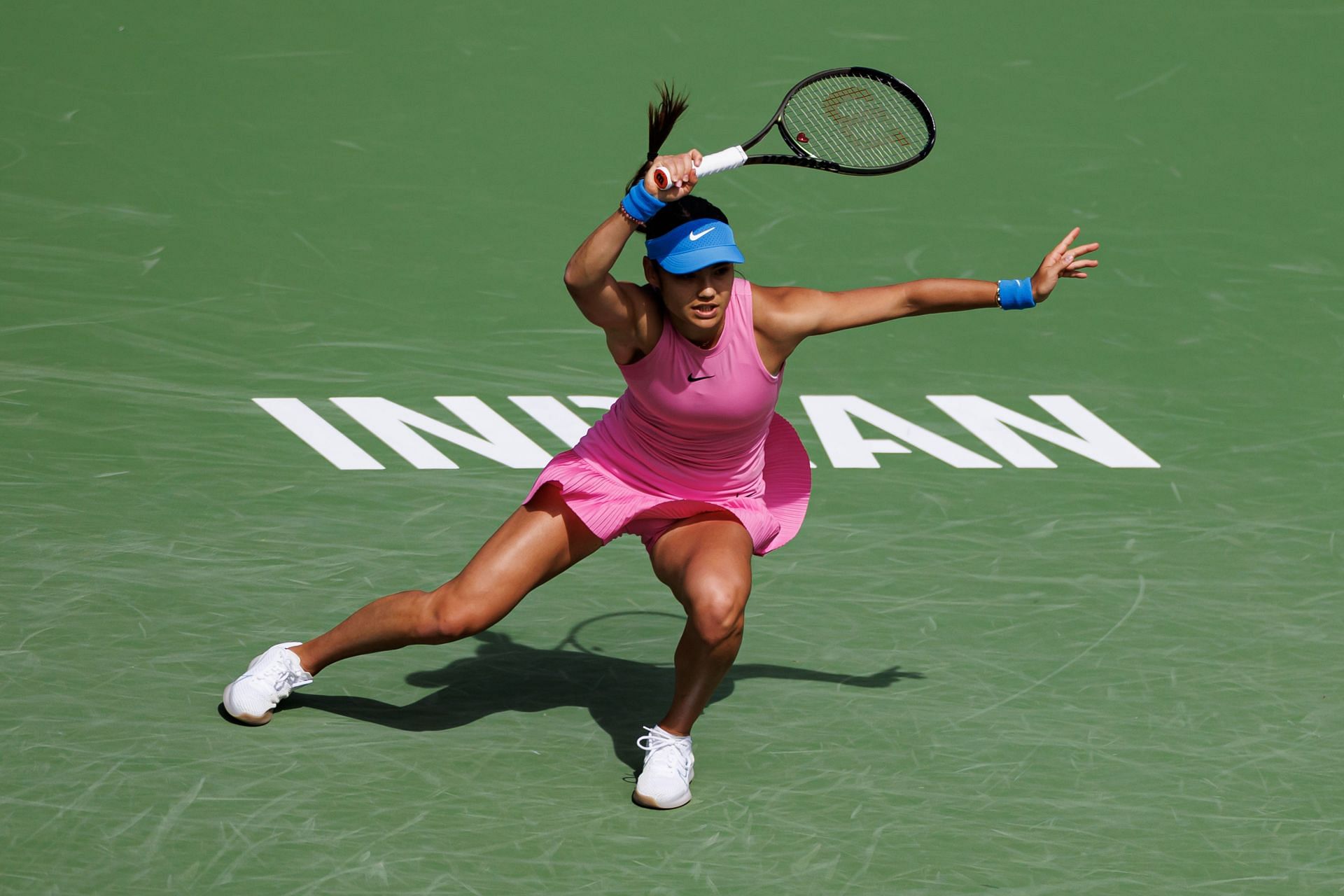 Emma Raducanu hits a forehand at BNP Paribas Open 2024 | Image Source - Getty