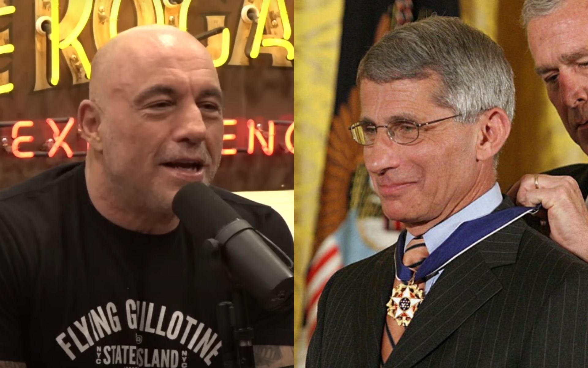 Joe Rogan (left) rants about Anthony Fauci (right). [Image credit: Joe Rogan Experience on YouTube, @realdrfauci on Instagram]