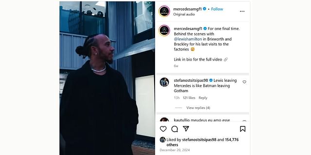 Stefanos Tsitsipas' comment on Mercedes' post (Image: Instagram @mercedesamgf1)