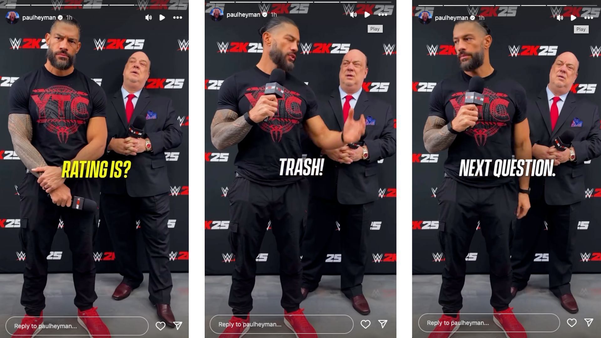 Reigns reacts to his rating in 2K25. [Image credits: Screenshots from Paul Heyman&#039;s IG story]