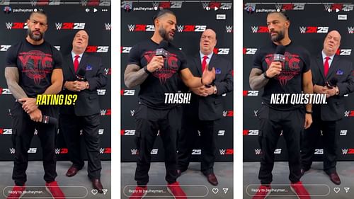 Reigns reacts to his rating in 2K25. [Image credits: Screenshots from Paul Heyman's IG story]