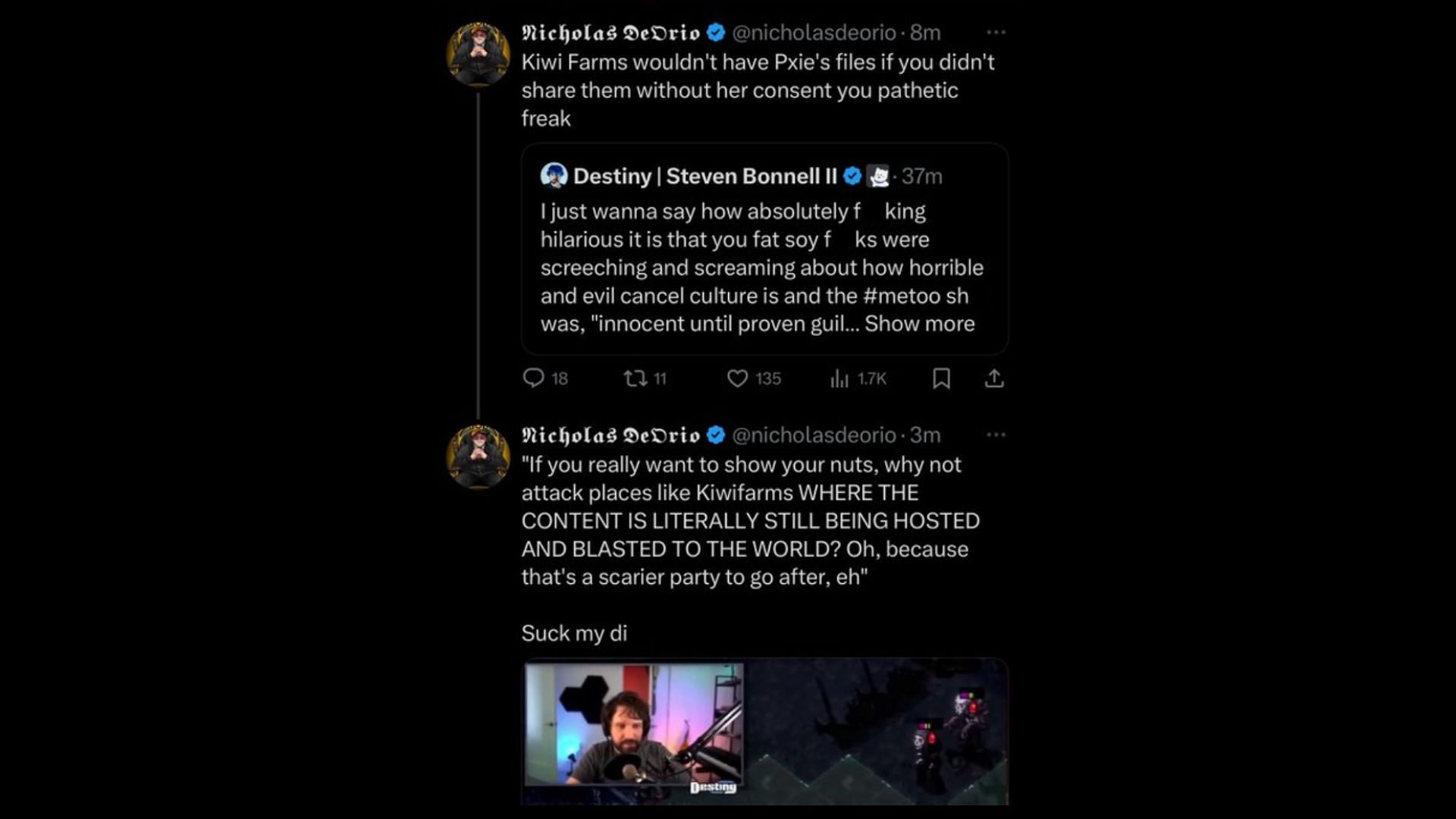 Nicholas DeOrio&#039;s response to Destiny&#039;s counterattack to his initial posts on X (Image via @Awk20000/X)