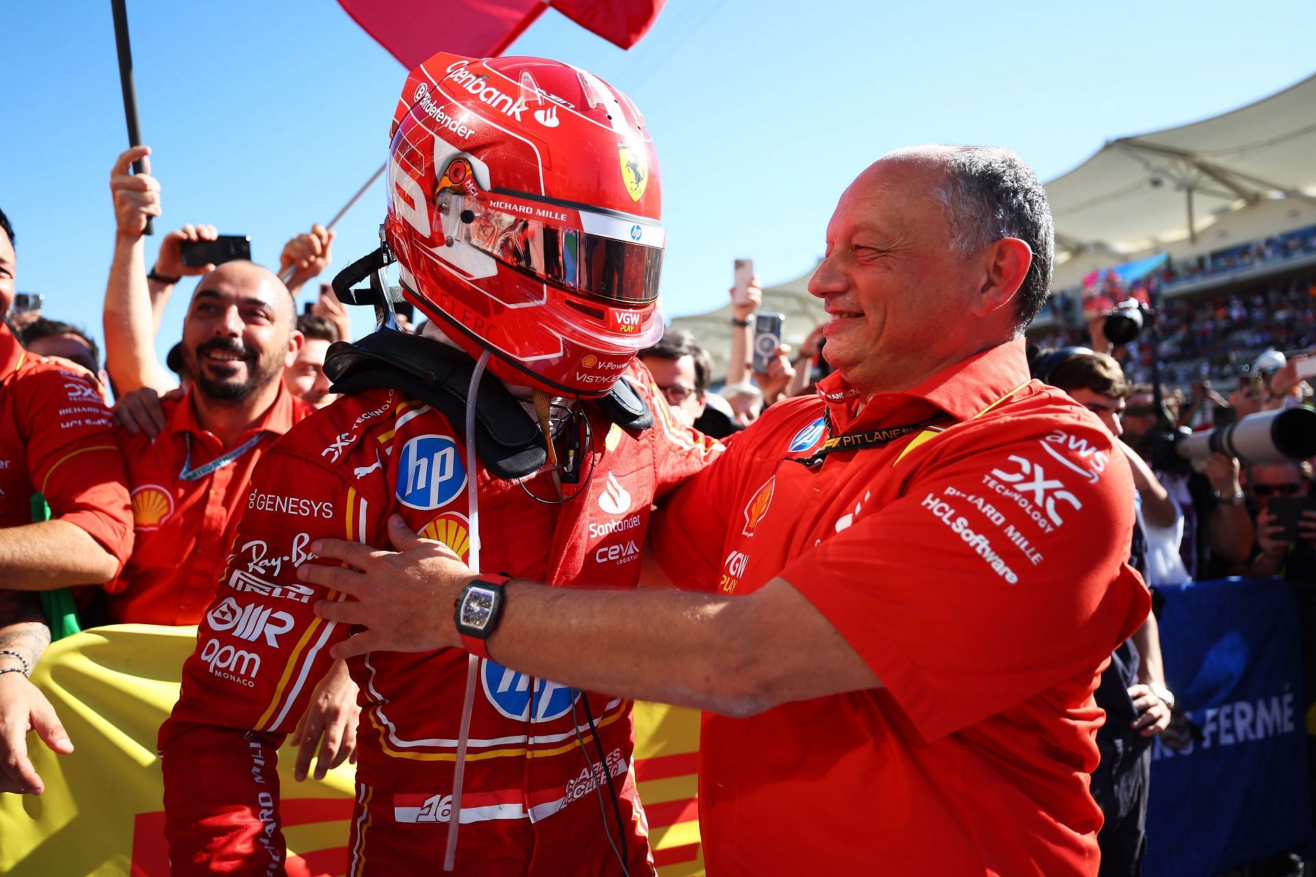  Charles Leclerc celebrates with Frederic Vasseur in Parc Ferme during the F1 Grand Prix of United States - Source: Getty