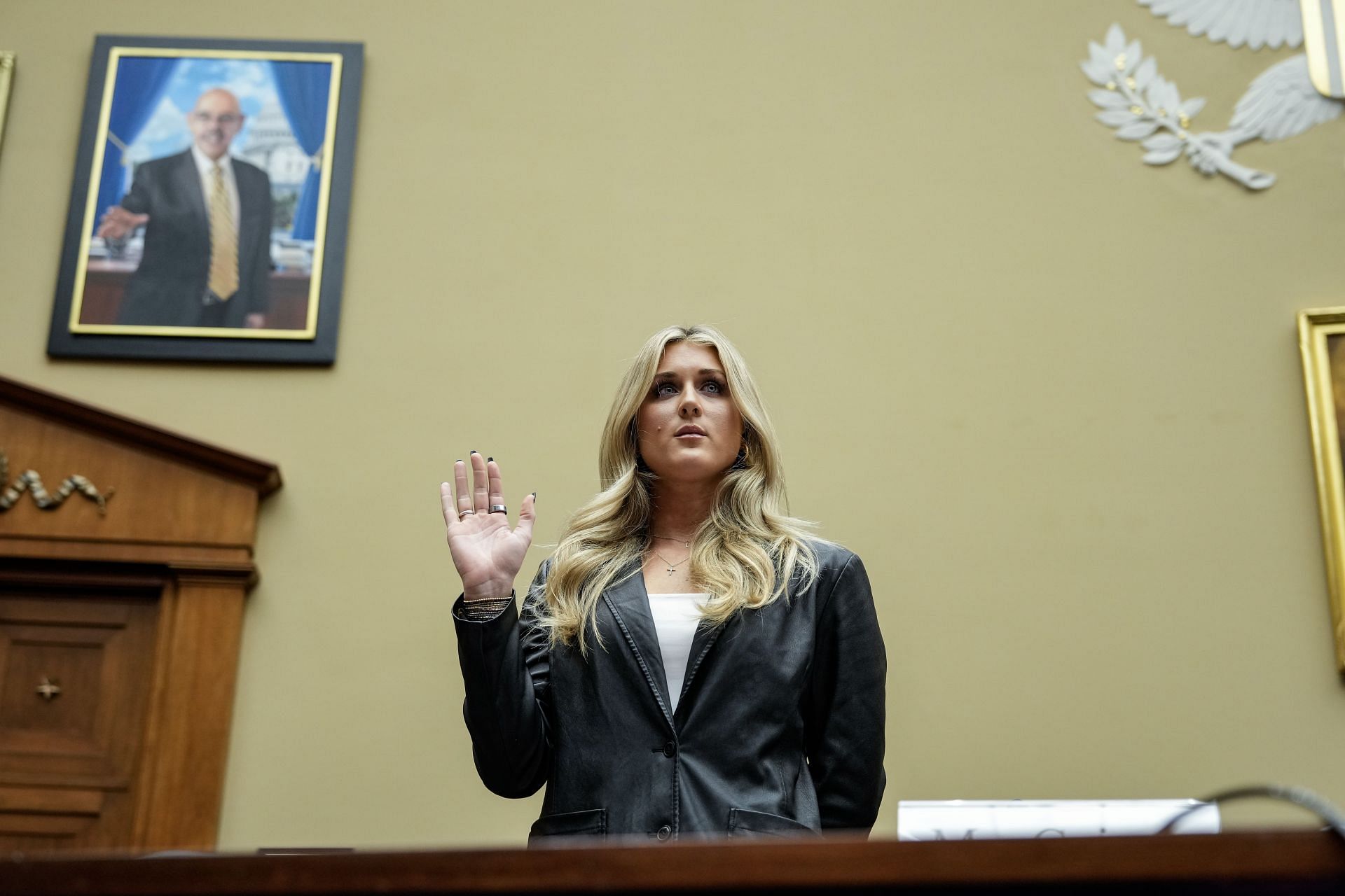 Riley Gaines at House Oversight Committee during Hearing Examining Female Athletics And Title IX - Source: Getty