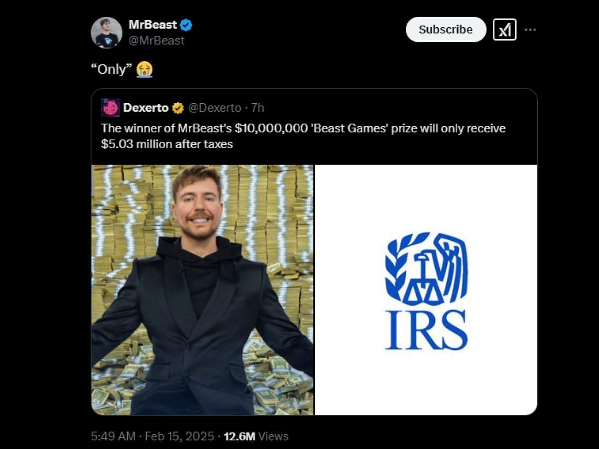 MrBeast reacts to post about tax deduction of Beast Games winning prize (Image via X/@MrBeast)