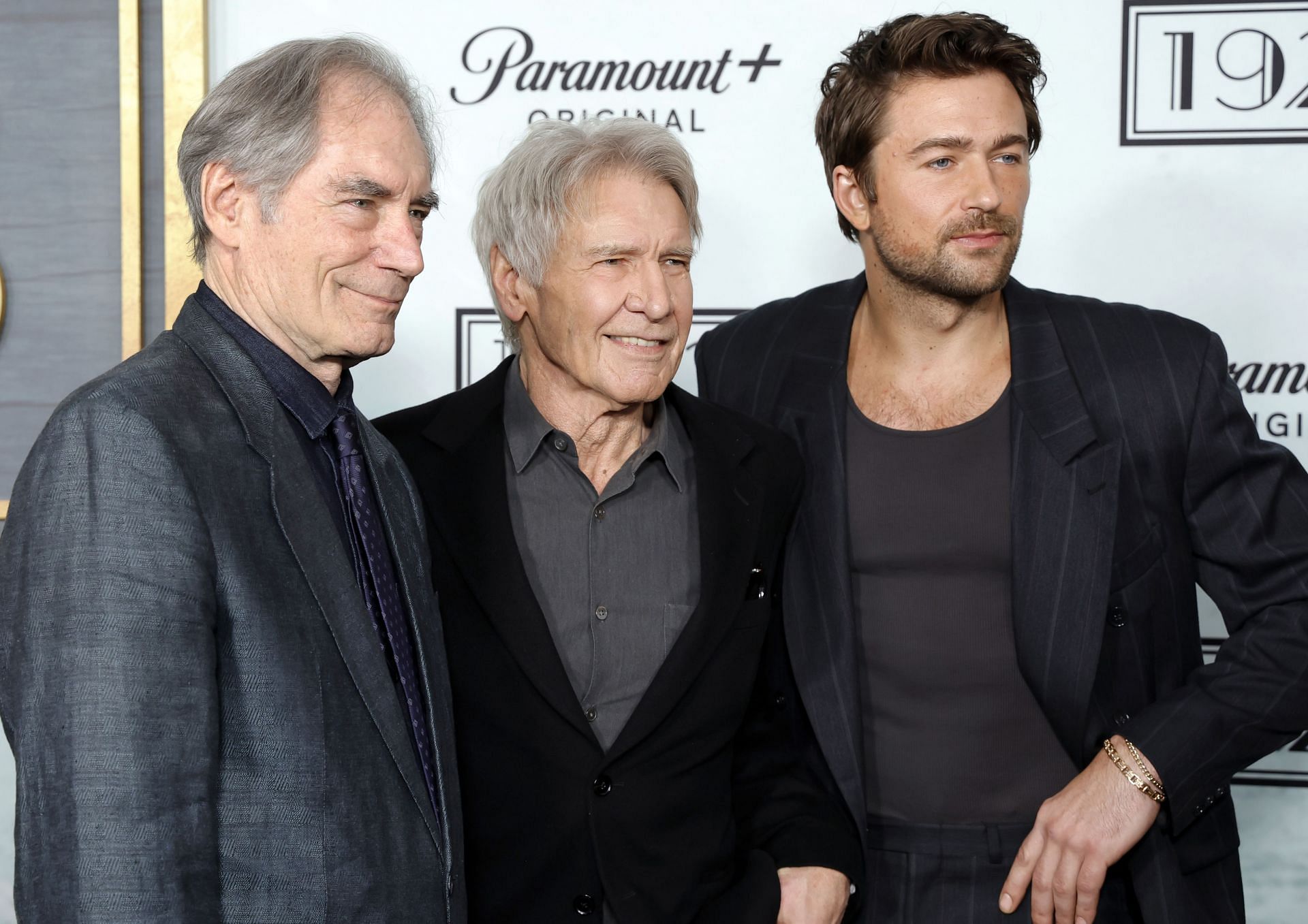 (L-R) Timothy Dalton, Harrison Ford and Brandon Sklenar attend the Los Angeles Premiere of 1923 Season 2 (Photo by Frazer Harrison/Getty Images)