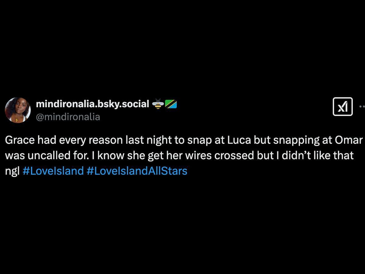 Love Island: All stars fans divided by Grace&#039;s behavior (Image via X/ @mindironalia)