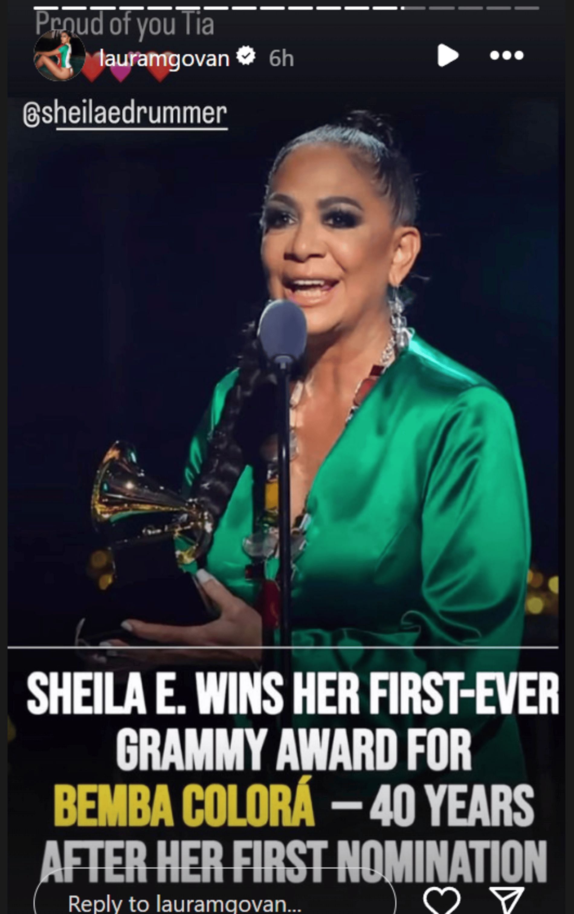 Laura Govan shares Shiela E. winning her first Grammy ever (Source: Instagram/ lauramgovan)