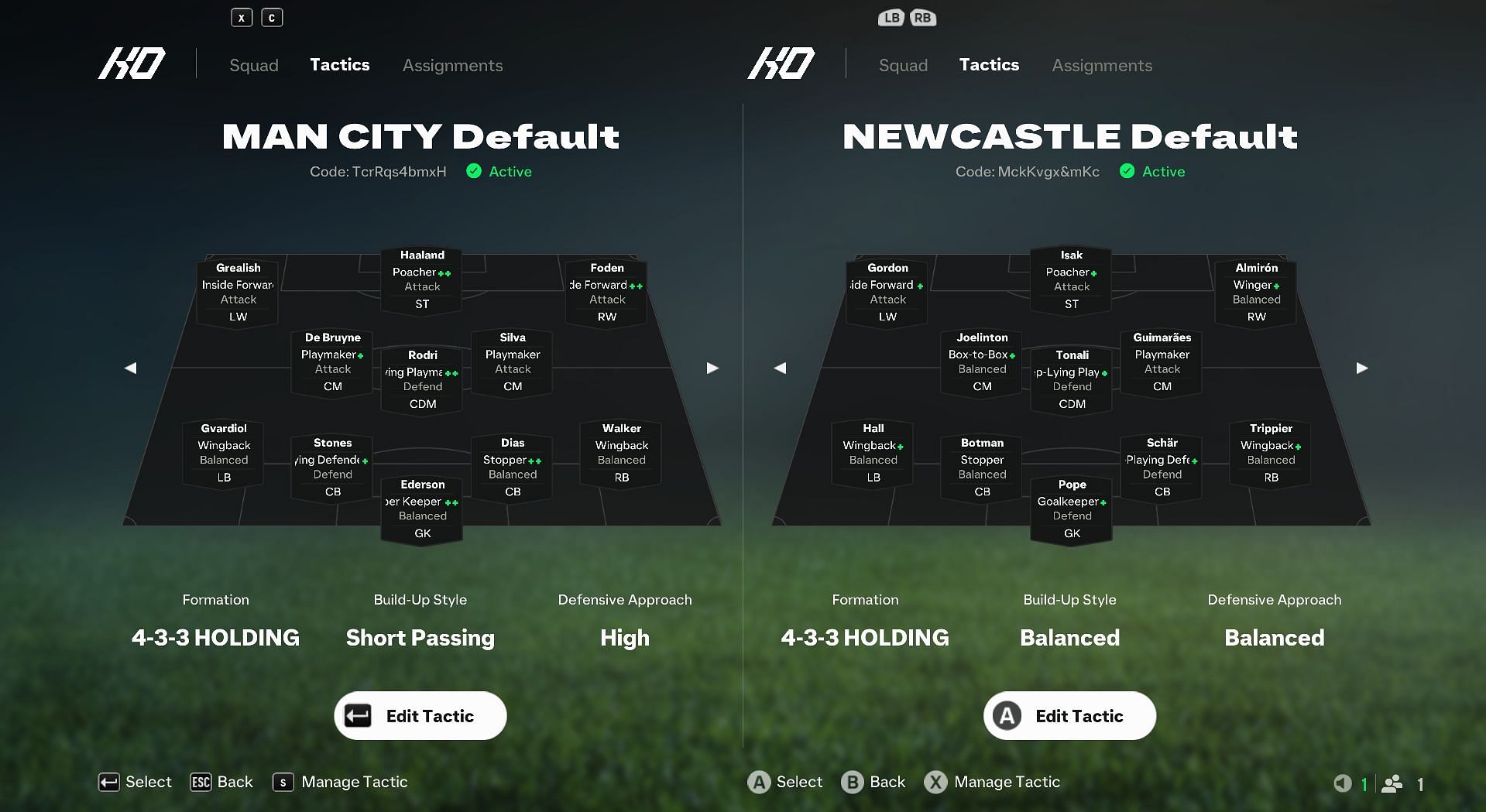 Man City and Newcastle preset tactics in EA FC 25 (Image via EA Sports)