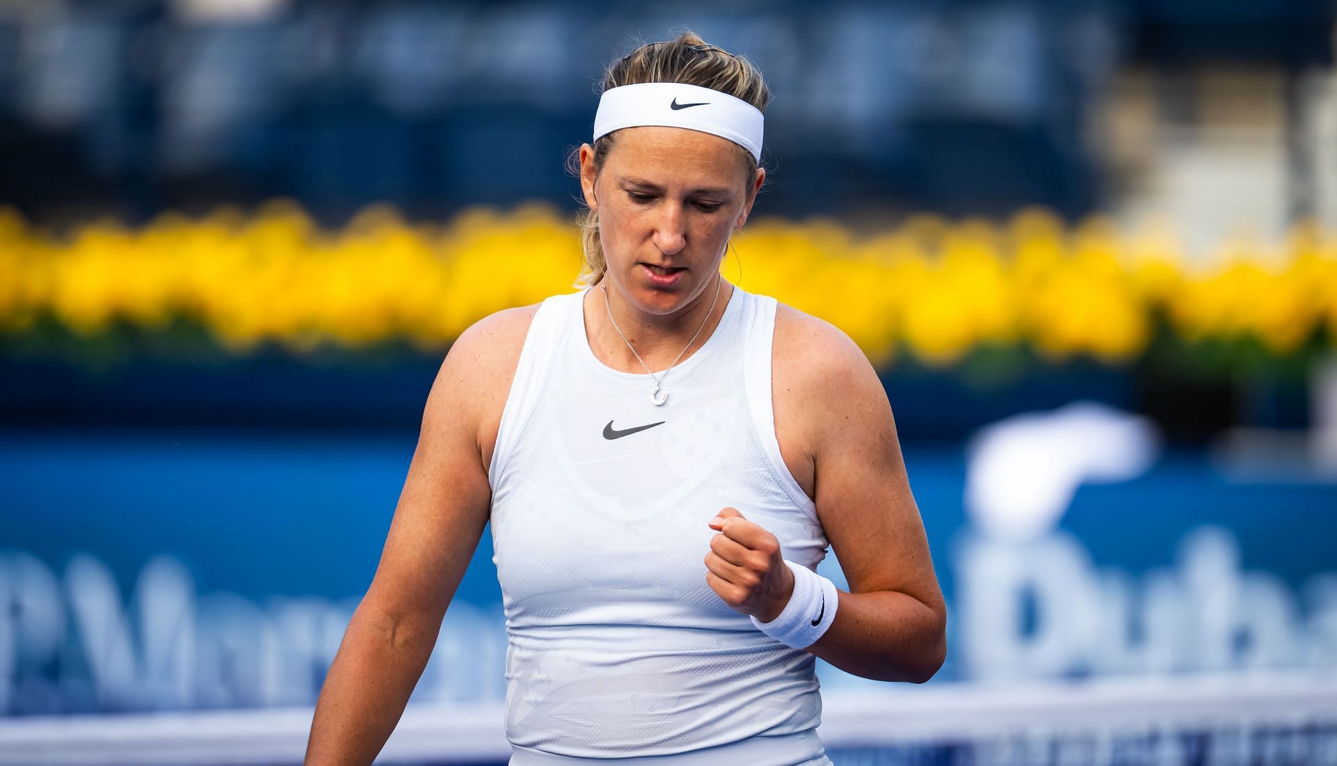 Victoria Azarenka reacts while playing against Anhelina Kalinina of Ukraine during the first round on Day Two of the Dubai Duty Free Tennis Championships - Source: Getty