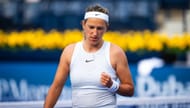 Victoria Azarenka reacts while playing against Anhelina Kalinina of Ukraine during the first round on Day Two of the Dubai Duty Free Tennis Championships - Source: Getty