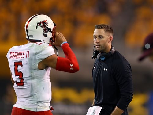 Sep 10, 2016; Tempe, AZ, USA; Texas Tech Red Raiders quarterback Patrick Mahomes II (5) and head coach Kliff Kingsbury against the Arizona State Sun Devils in the first quarter at Sun Devil Stadium. - Source: Imagn