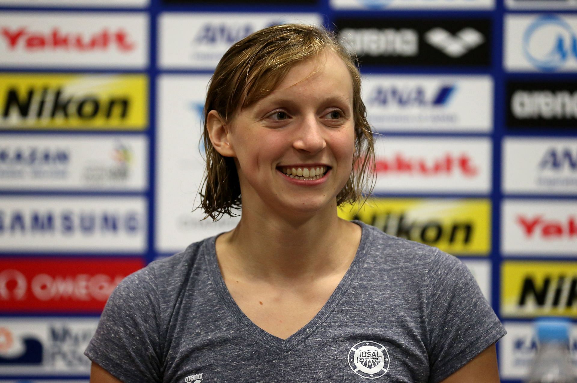 Ledecky during a press conference on the day seven of the 16th FINA World Aquatics Championships (Image via: Getty Images)