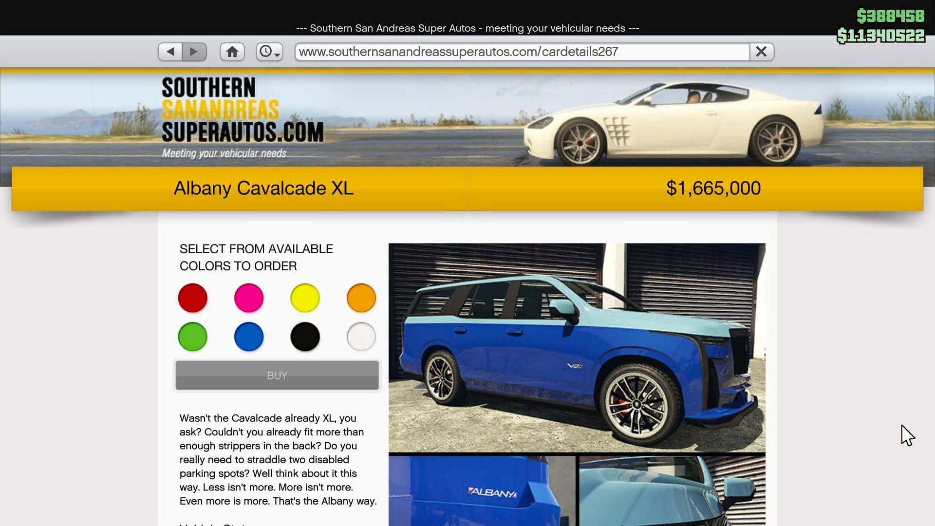 The Albany Cavalcade XL&#039;s page on Southern San Andreas Super Autos (Image via Rockstar Games)