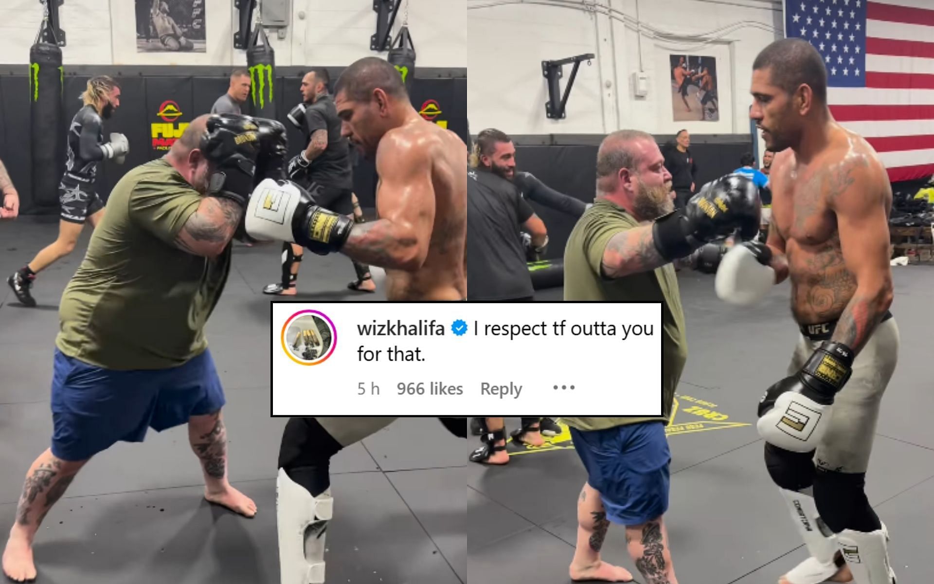 Fans react (insert) to Action Bronson (left) going three full minutes sparring with Alex Pereira (right). [Image credit: @bambambaklava on Instagram]