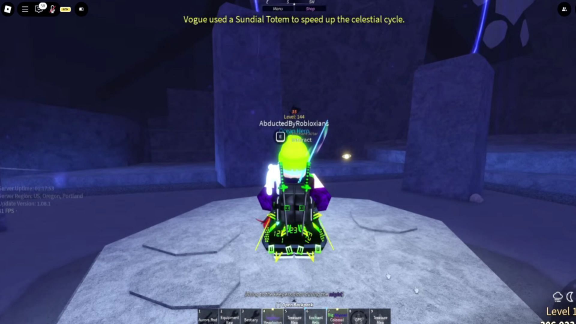 Use the Enchant Relics in the Keeper&#039;s Altar (Image via Roblox || YouTube@AbductedByRobloxians)