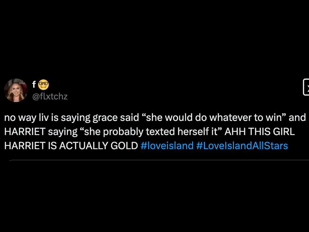 Love Island: All Stars season 2 fans praise Harriet (Image via X/@flxtchz)