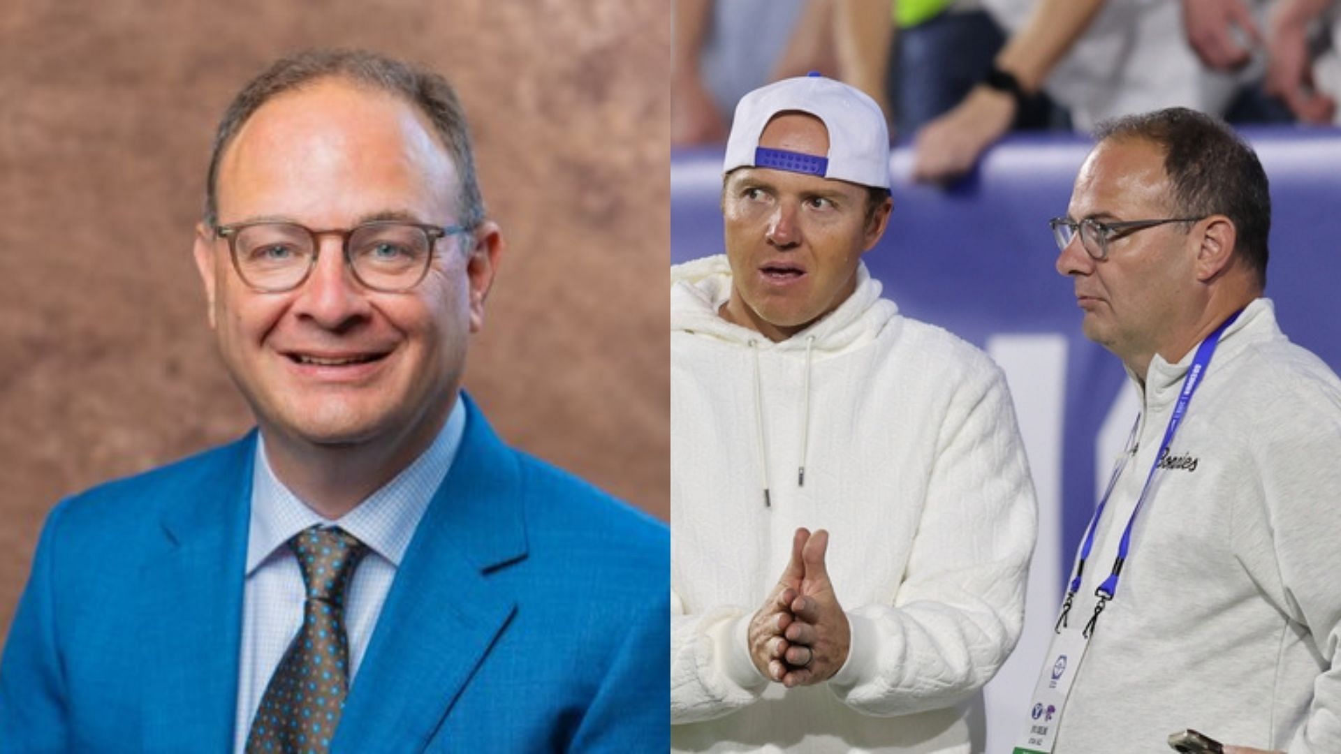 Adrian Wojnarowski poses for a photo, Brigham Young Cougars alumni and Utah Jazz owner Ryan Smith speaks with Adrian Wojnarowski at LaVell Edwards Stadium. Photo Credits: Adrian Wojnarowski