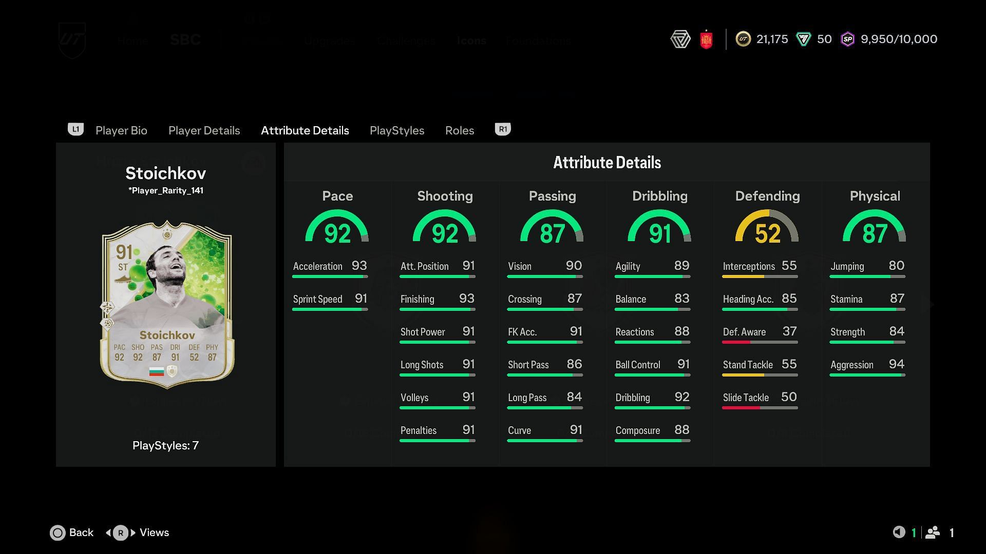 EA FC 25 Hristo Stoichkov Grassroot Greats Icon card attributes (Image via Sportskeeda Gaming/ EA Sports)