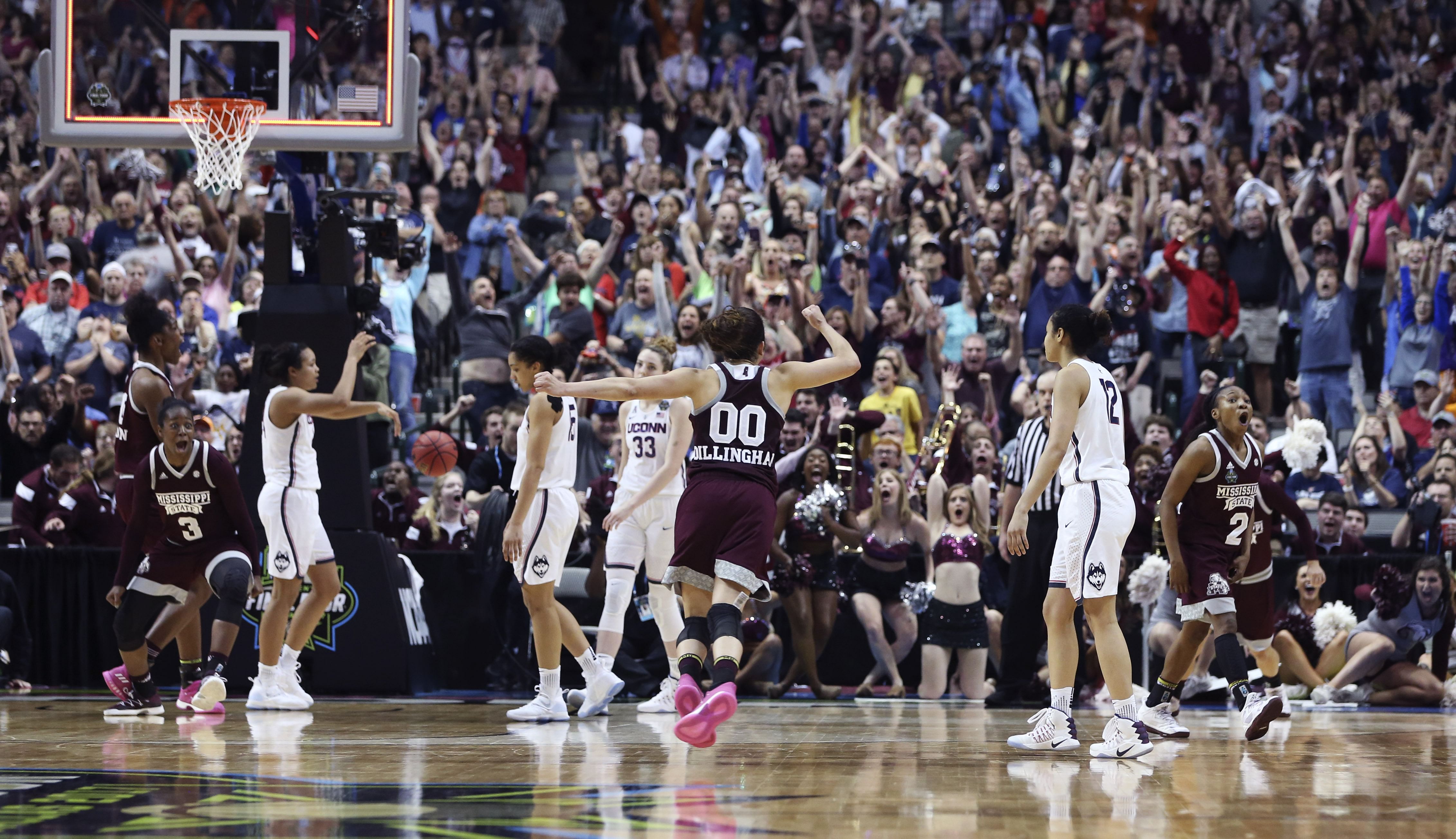 Mississippi State Bulldogs guard Morgan William (2) reacts after hitting the game-winning shot in overtime against the UConn Huskies in the semifinals of the 2017 NCAA Women&#039;s Final Four. Photo: Imagn