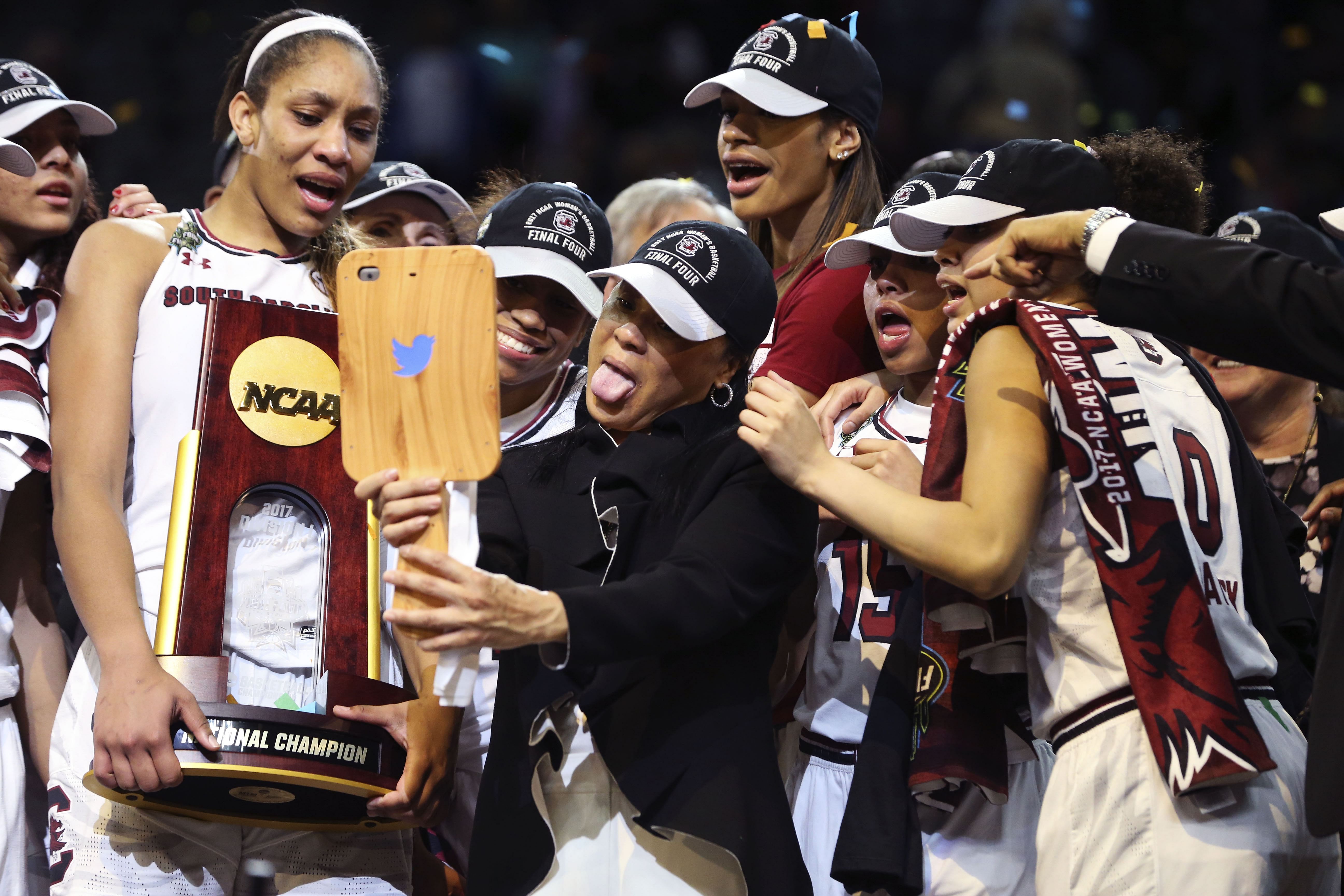 Carolina Gamecocks forward A&#039;ja Wilson (left) and head coach Dawn Staley after the 2017 Women&#039;s Final Four championship at American Airlines Center. Photo Credit: Imagn