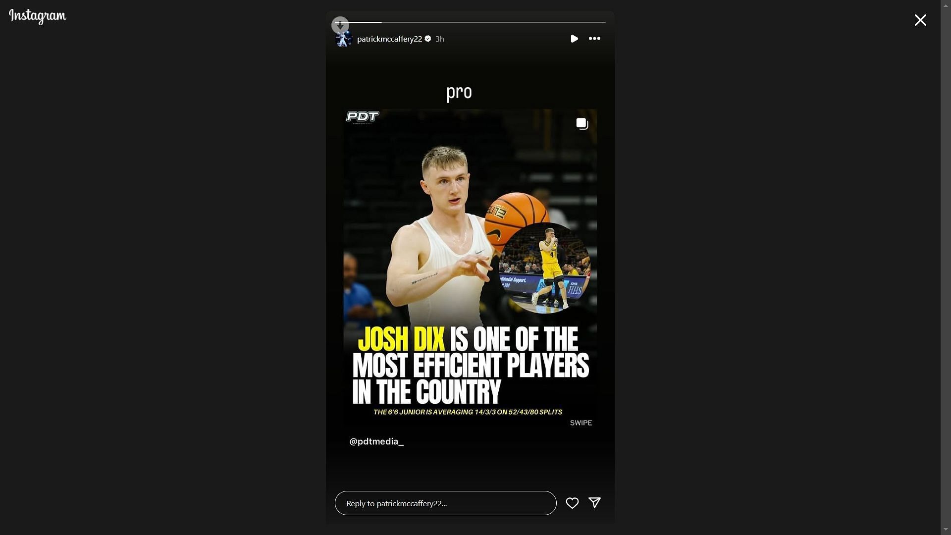 Patrick McCaffery&#039;s Instagram story (@patrickmccaffery22/IG)