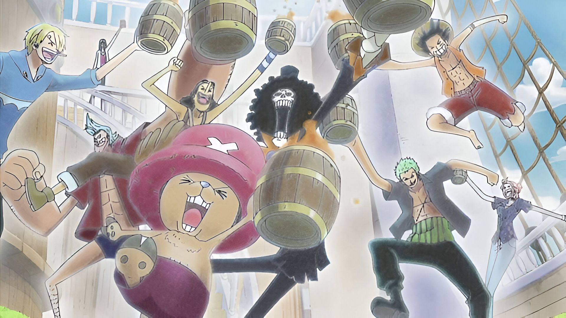 The Straw Hat Pirates enjoying a feast (Image via Toei Animation)