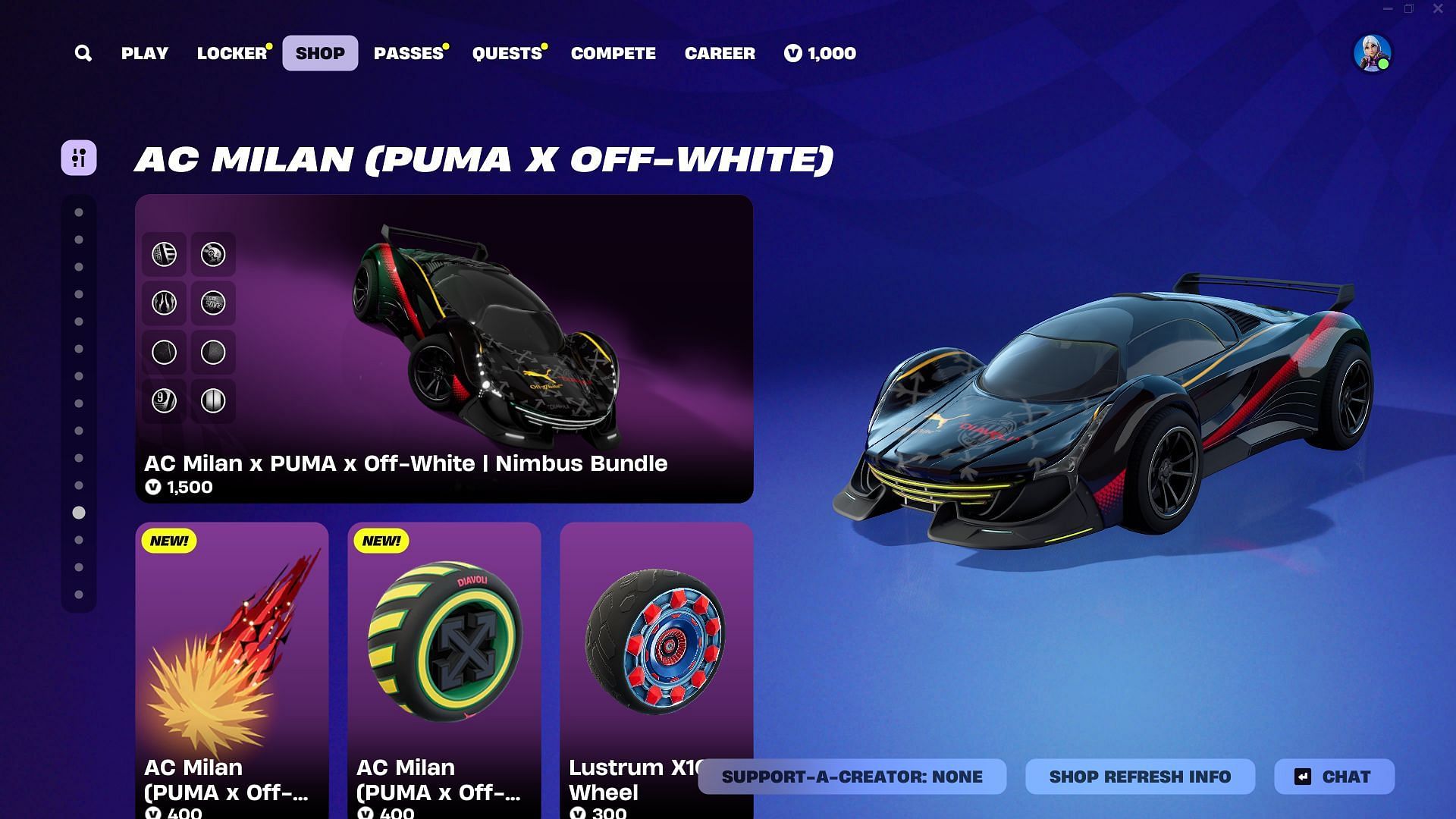 You can purchase the Nimbus AC Milan (Puma x Off-White) car skin in Fortnite (Image via Epic Games)