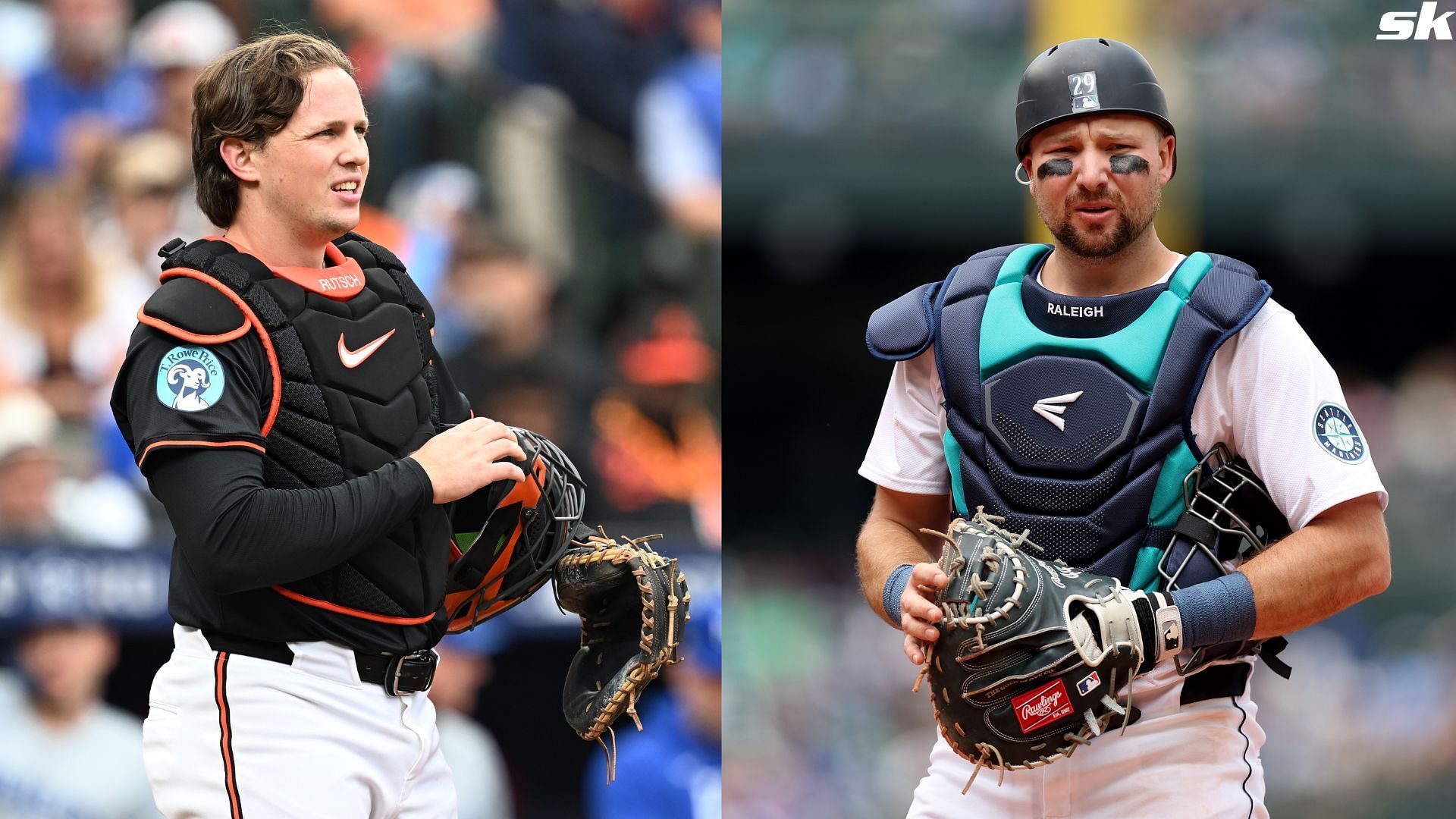 Adley Rutschman of the Baltimore Orioles looks on immediately prior to Game Two of the Wild Card Series against the Kansas City Royals at Oriole Park (Source: Getty)