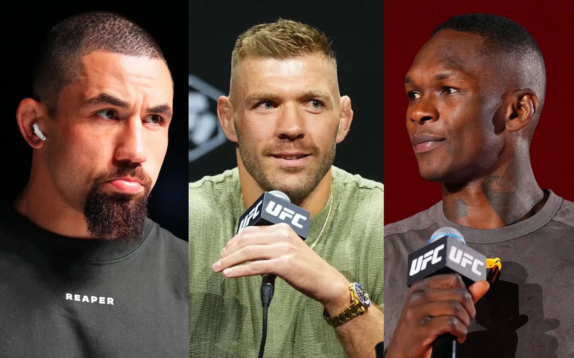 Dricus du Plessis (middle) responds to Israel Adesanya (right) and Robert Whittaker (left) for their assessment of his fighting style [Images courtesy: Getty Images]