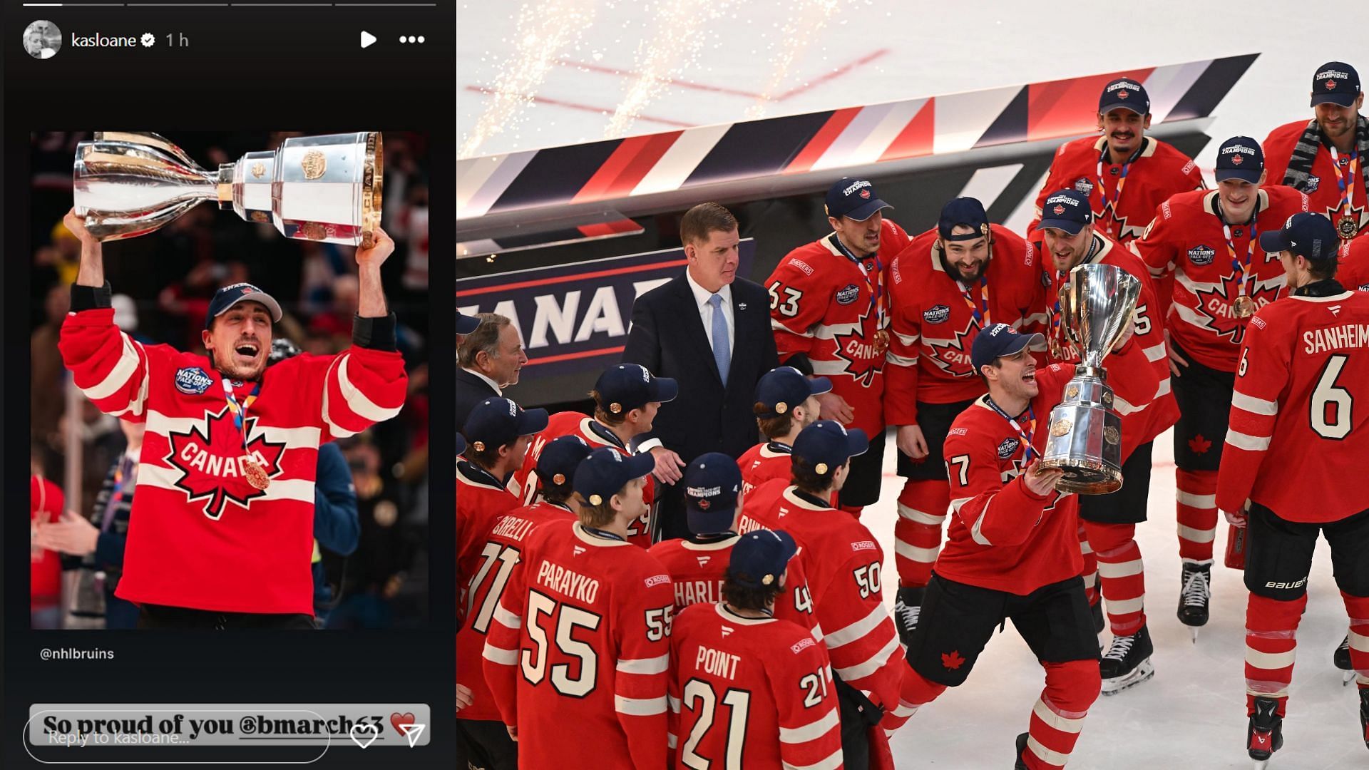 Brad Marchand with the 4 Nations Face-Off trophy. (Credit: IG/@kasloane, IMAGN)