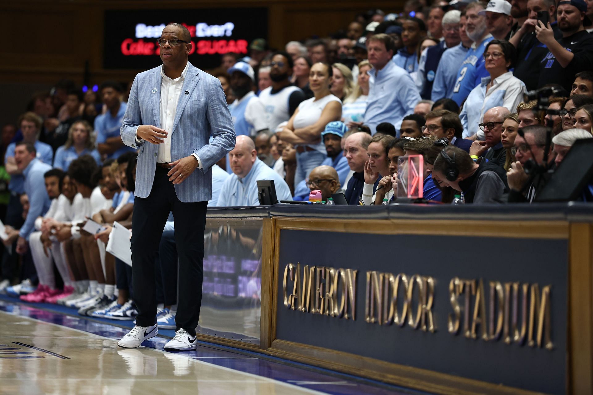 Head coach Hubert Davis of the North Carolina Tar Heels looks on during the first half of the game against the Duke Blue Devils at Cameron Indoor Stadium on February 01, 2025 in Durham, North Carolina. Photo: Getty