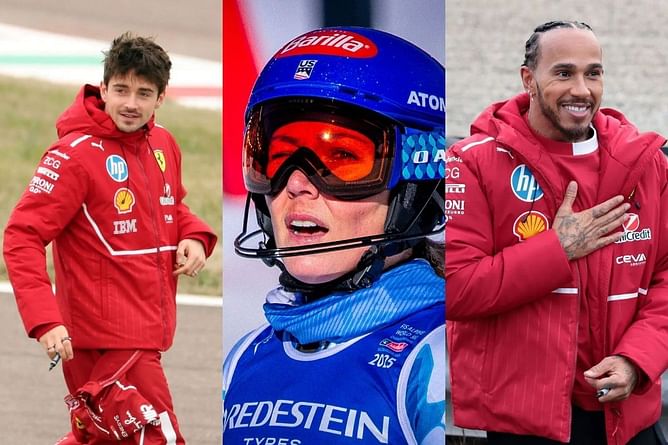 Mikaela Shiffrin reacts as Lewis Hamilton and Charles Leclerc make first appearance as teammates for Ferrari