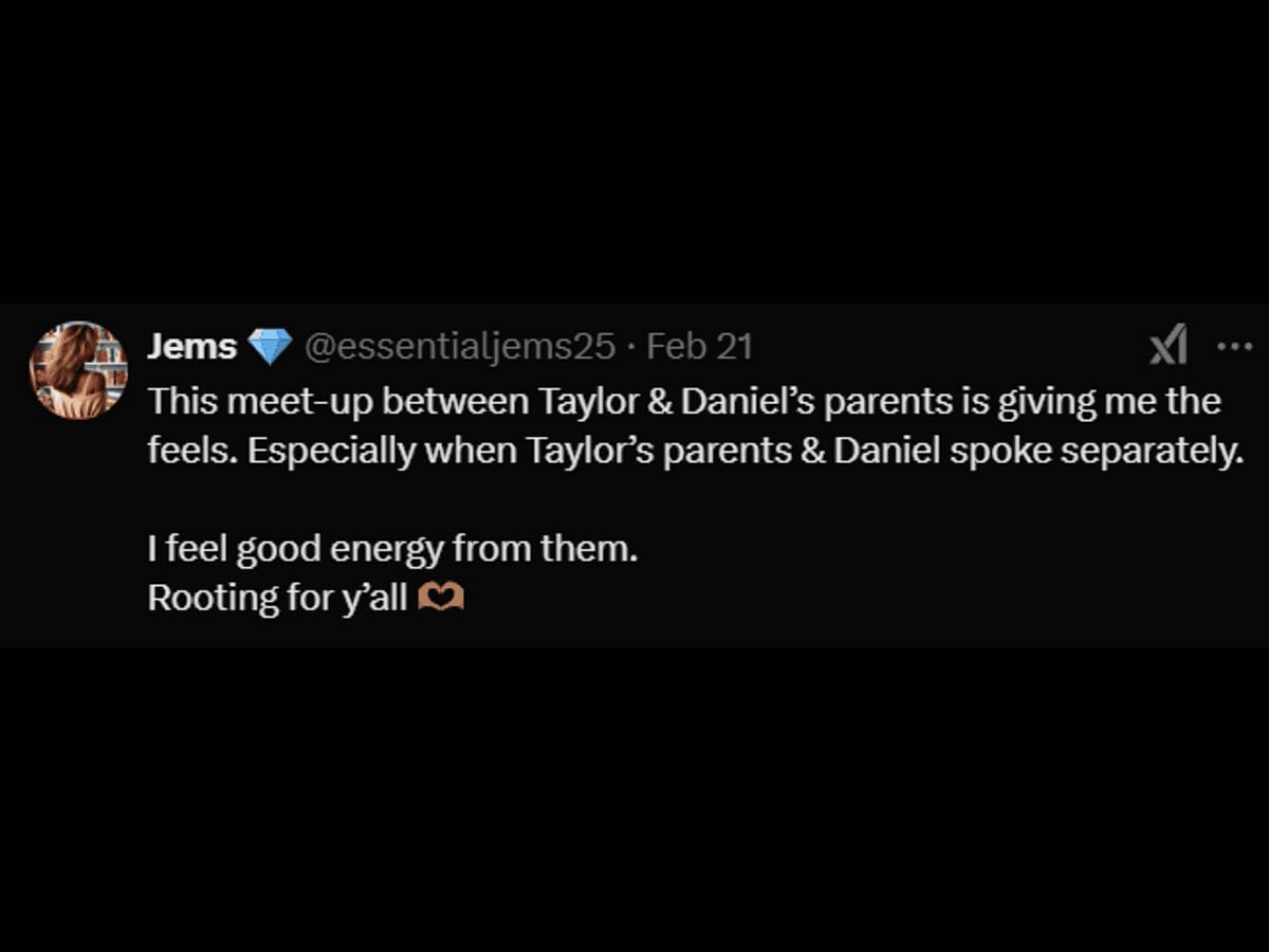 A Love Is Blind fan reacts to Taylor and Daniel&#039;s parents&#039; meeting (Image via X/ @essentialjems25)