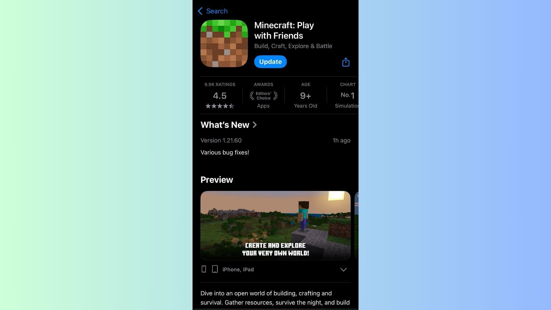 Visit the individual app store listing to download the Minecraft Bedrock 1.21.60 update (Image via Mojang Studios)