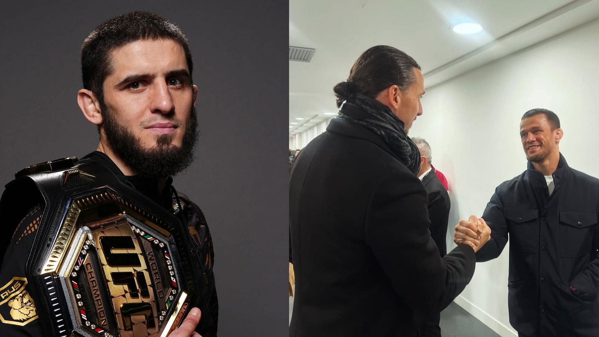 Islam Makhachev (left) has reacted to Usman Nurmagomedov (right) meeting Zlatan Ibrahimovic (middle).  [Image courtesy: Getty Images, Usman Nurmagomedov on Instagram]