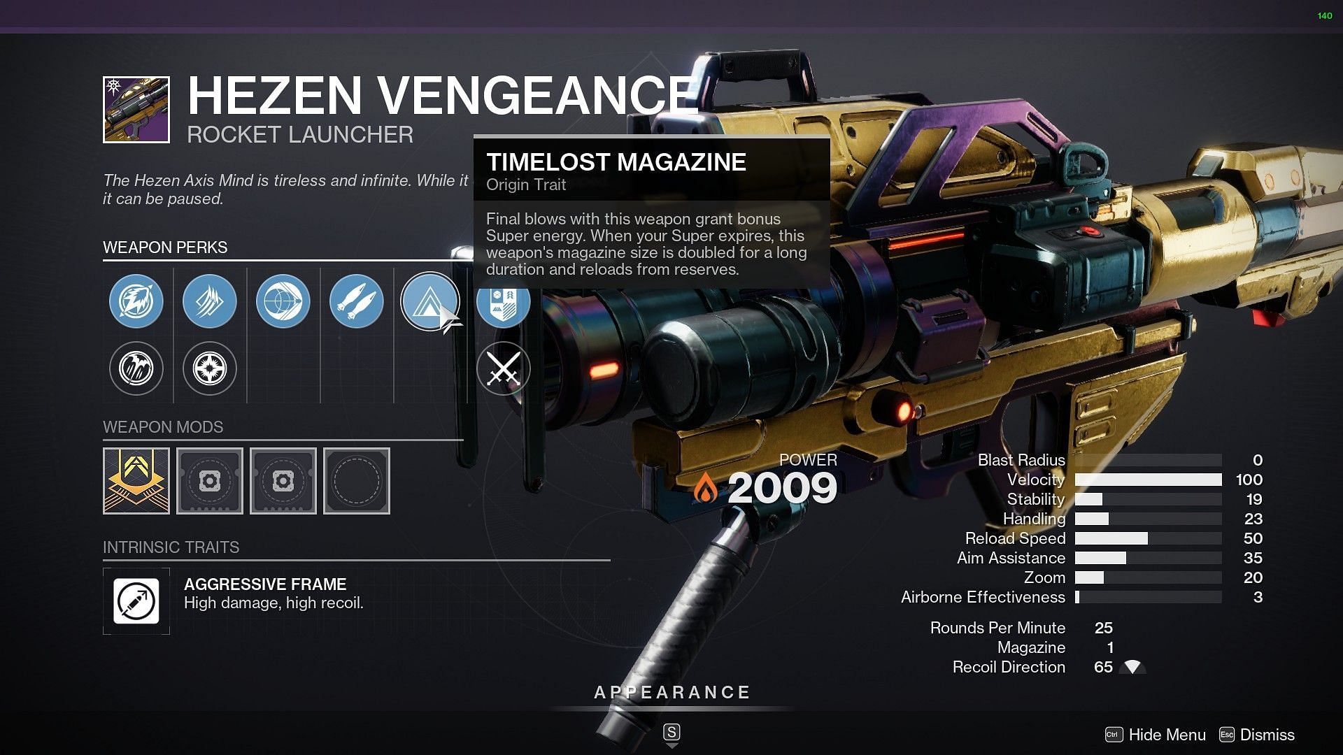 Timelost Magazine Origin Trait in Destiny 2 (Image via Bungie)