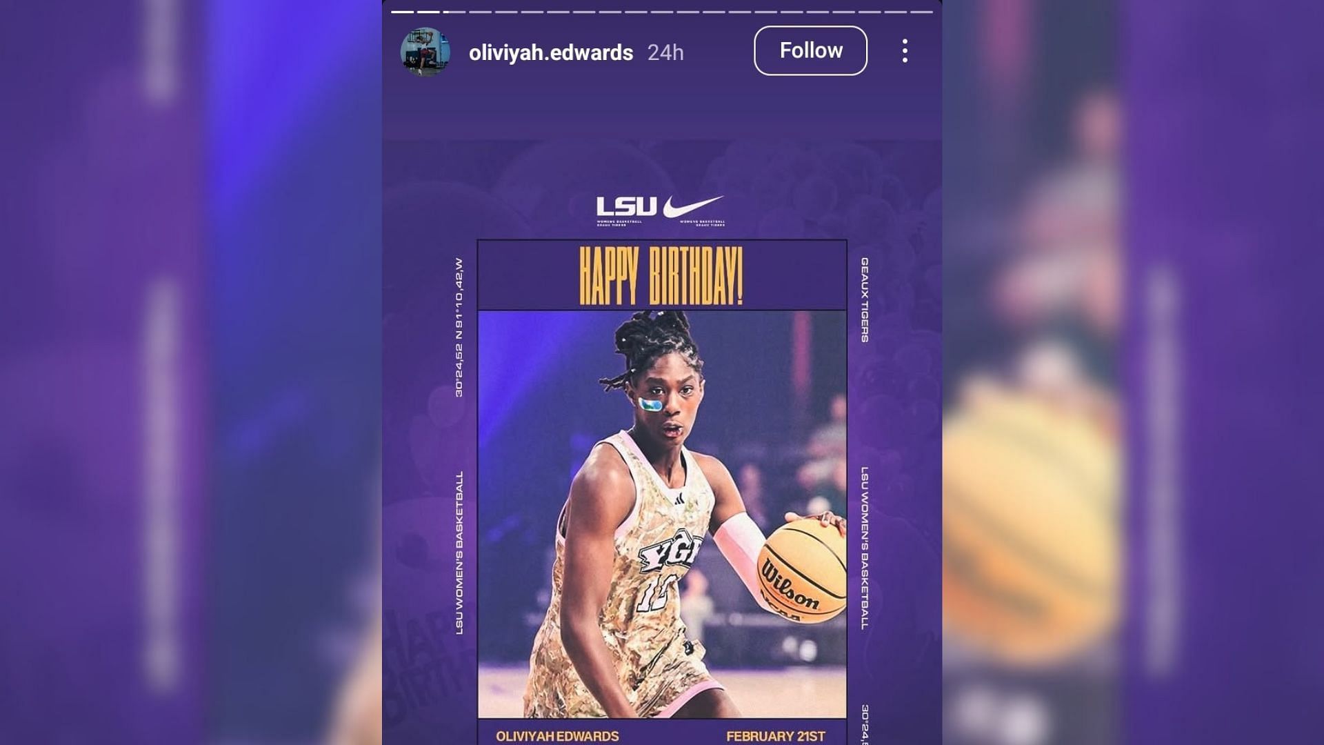 LSU women&#039;s basketball shares a birthday wish for 5-star prospect Oliviyah Edwards. (Image via Instagram @oliviyah.edwards)