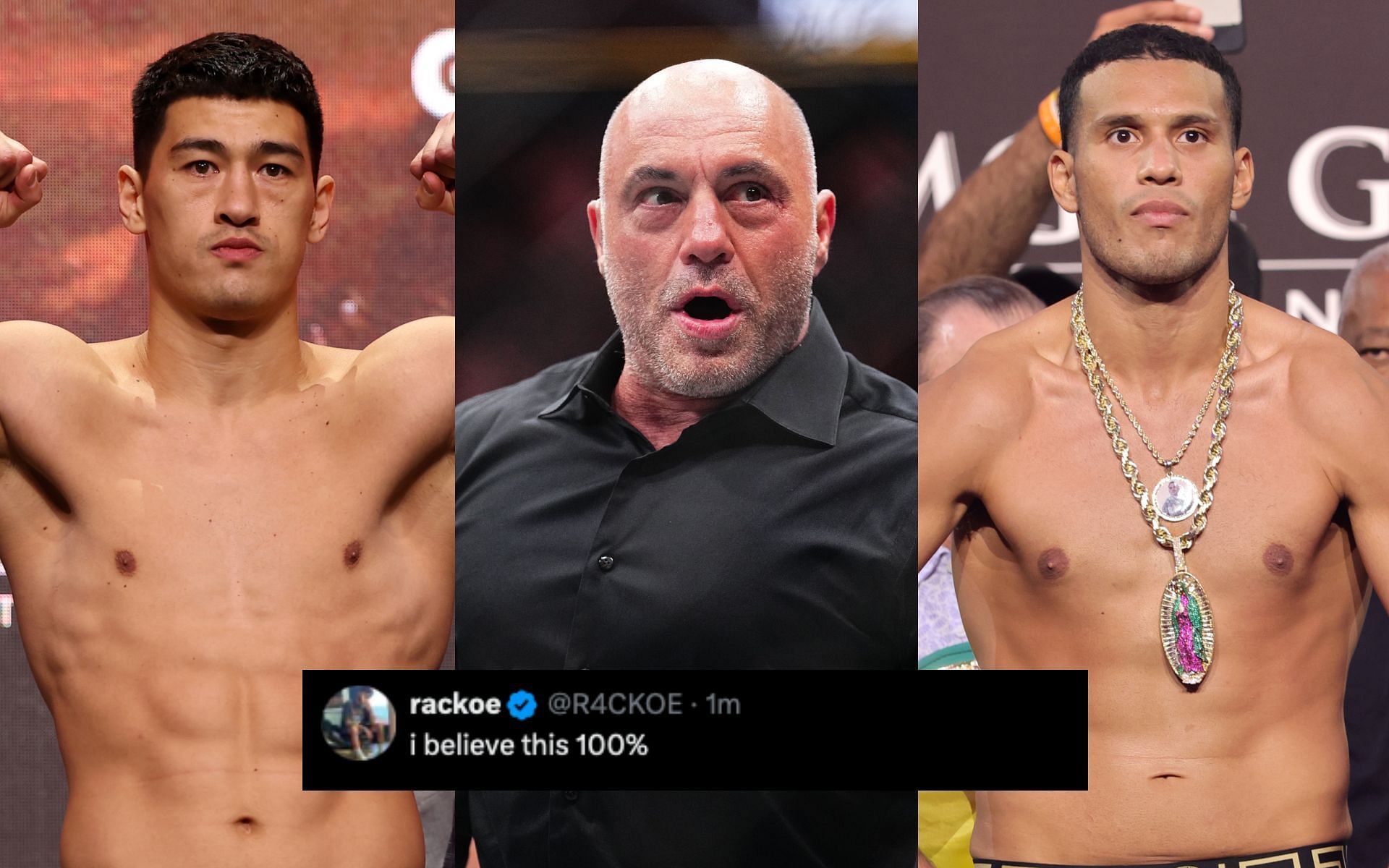 Fans on Joe Rogan (middle) hearing about Dmirty Bivol (left) dropping David Benavidez (right) in sparring. [Image courtesy: Getty Images]