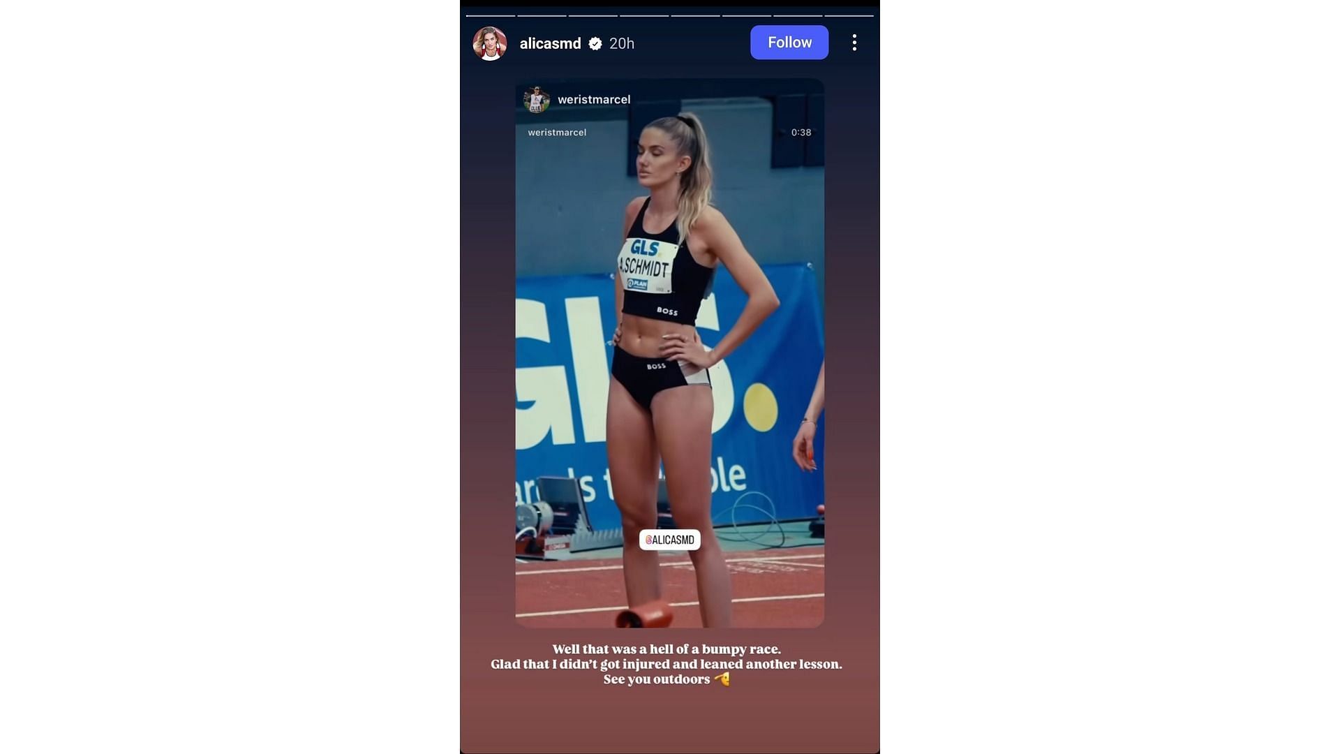 Screenshot of Schmidt&#039;s Instagram story after her races at the German Indoor Nationals (Image via: Schmidt&#039;s Instagram)