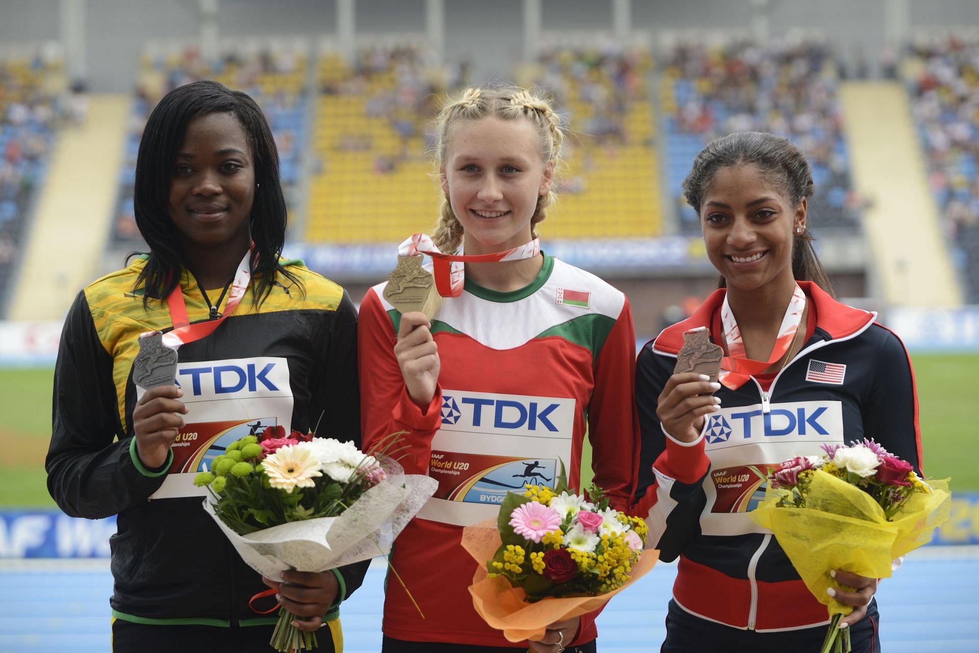 Jones (extreme right) after winning the bronze medal at the 2016 IAAF U20 World Championships in Poland (Image via: Getty Images)